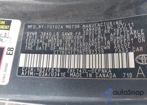 2011 Toyota Corolla Le z USA, uszkodzony, nr VIN 2T1BU4EE2BC592339